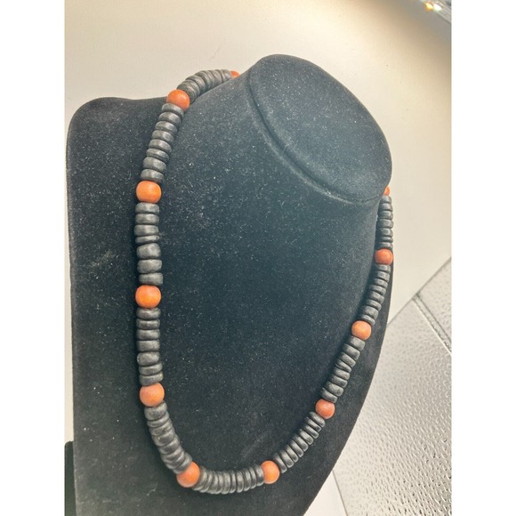 Black and Brown Wood Beaded Stretch Unisex 18 1/8 Inch Necklace! - Picture 4 of 6